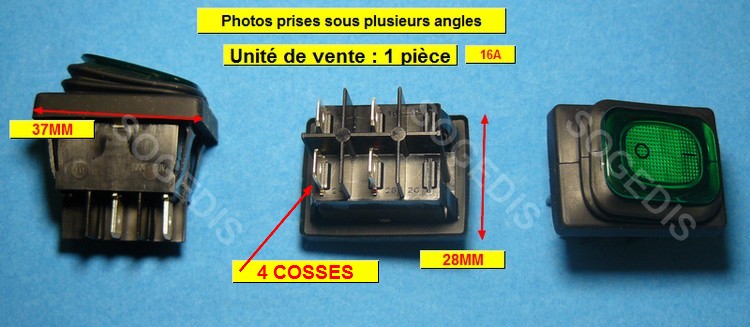 Interrupteur Petit electro mÉnager M/A 4 COSSES 16A 250V VOYANT VERT
